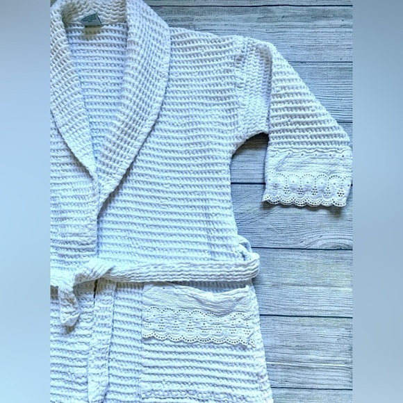 Women’s 100% Cotton White Waffle Knit Robe with Eyelet Accent Trim - Picture 5 of 15